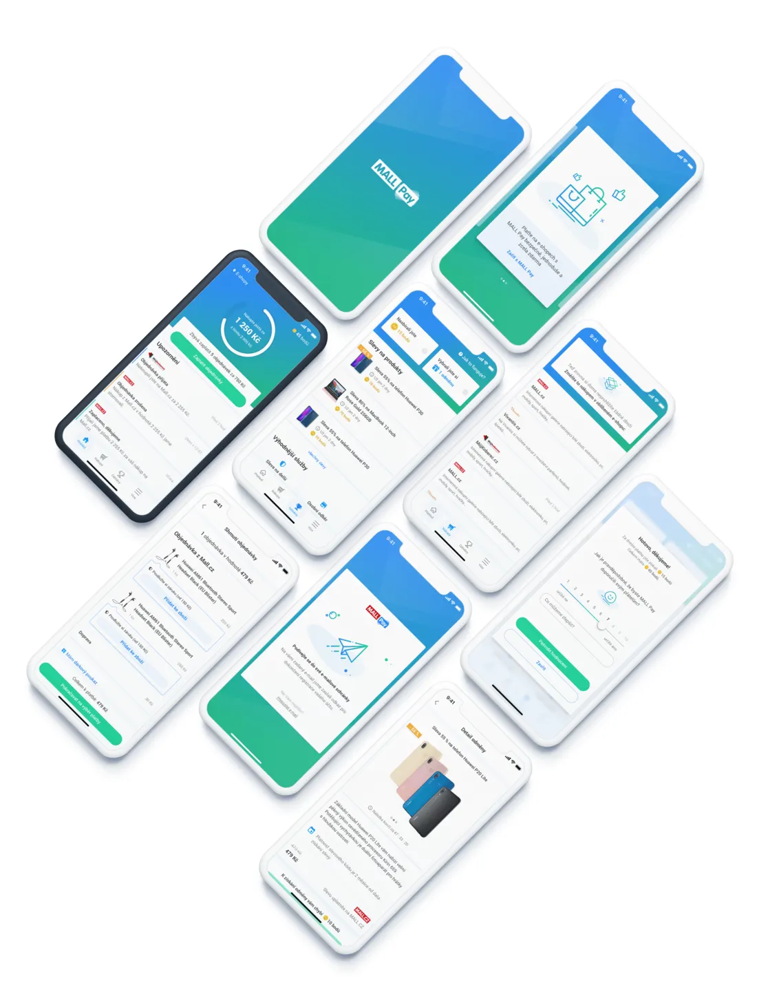 A grid of payment app screens on phones, in a green and blue gradient style.
