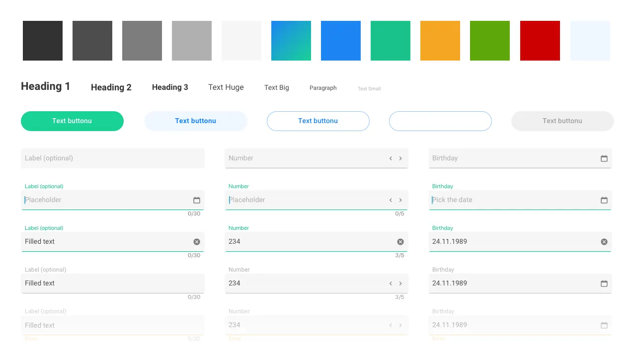 Style guide with colors, typography, buttons and form fields.