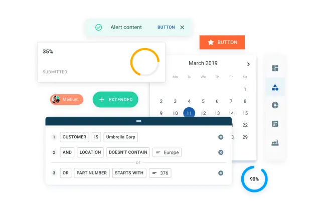 Customized components: alerts, buttons, date picker, filters and progress indicators.