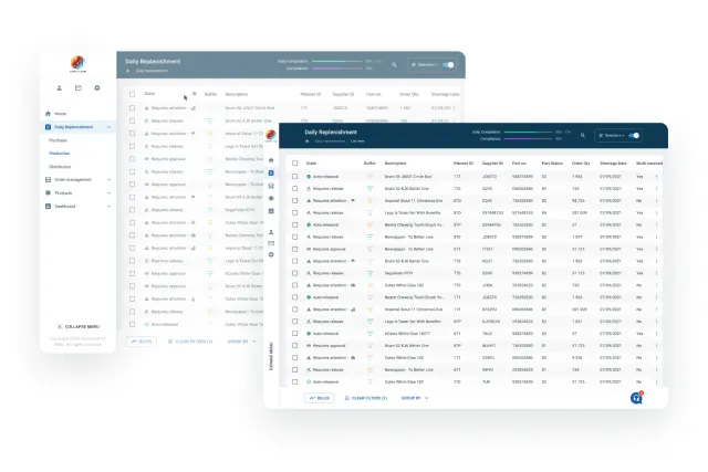 Two dense data tables layered over each other, with the navigation sidebar.
