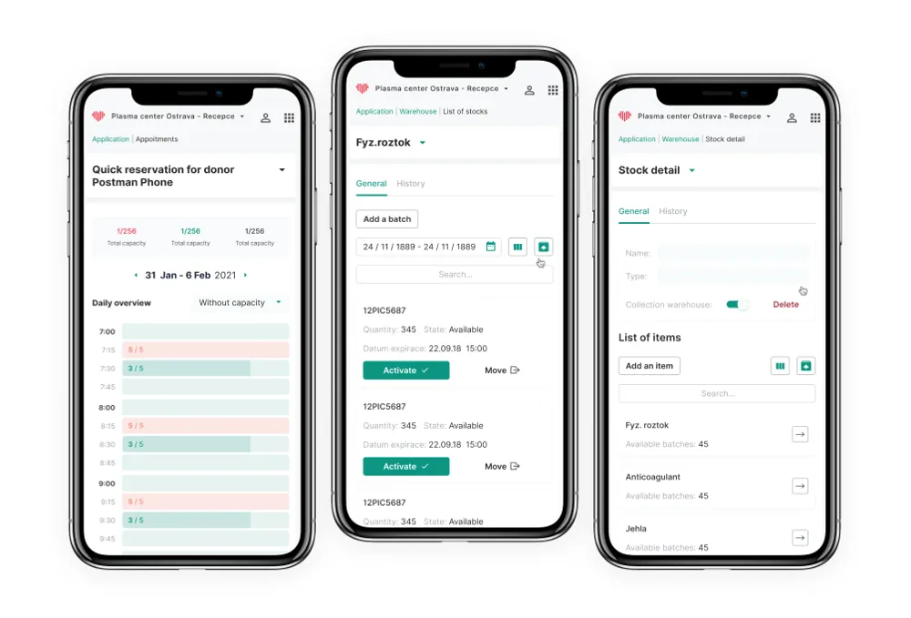 Three phone screens of the administration: reservations, a detail and a list.