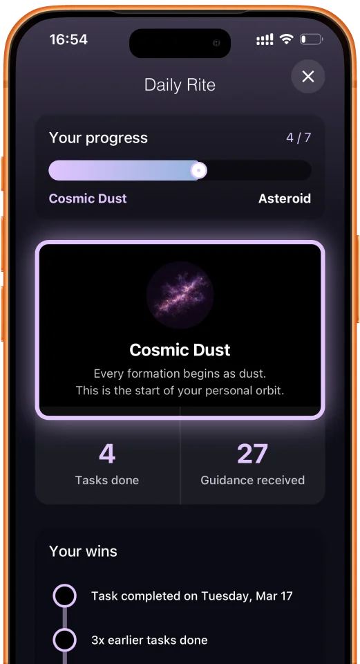 Whiss daily rite: progress from Cosmic Dust to Asteroid, tasks done and your wins.